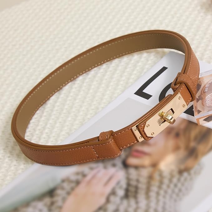 Skinny Leather Belts for Women with Adjustable Silver Turn-Lock Buckle for Dresses Jeans and Pants