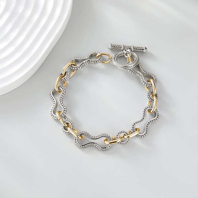 Mytys Chunky Chain Link Bracelet Two-Tone Mixed Metal Textured Toggle Clasp Statement Bangle Bracelet Jewelry for Women Fashion
