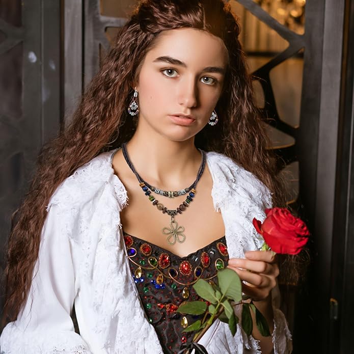 Multi-Layer Wood Bead Necklace with Flower Earrings, Boho Hippie Necklaces with Hollow Flower Pendant Bohemian Statement Gifts Jewelry for Men Women Western Country Music Concert