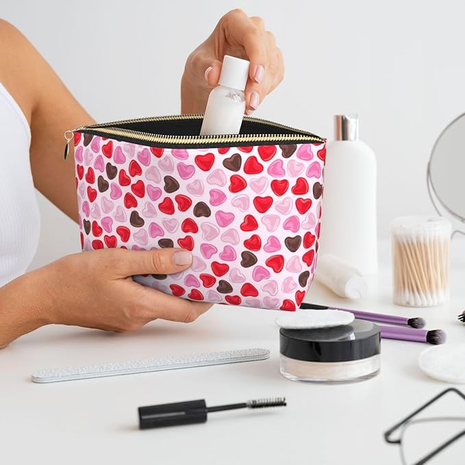 Cute Valentine's Day Hearts Makeup Bag Zipper Pouch Travel Portable Cosmetic Bag Organizer for Women