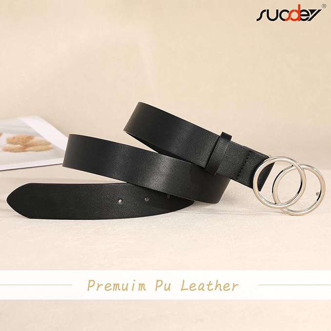 SUOSDEY Women Leather Belt Fashion Double O-Ring Soft Faux Leather Waist Belts For Jeans Dress