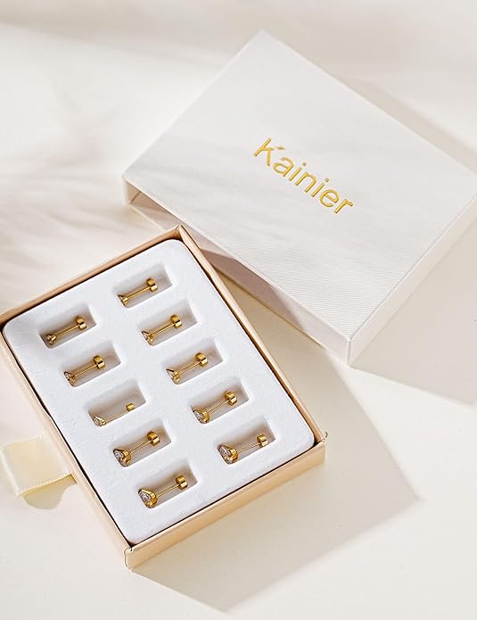 Kainier Women's 14K Gold Plated CZ Stud Earrings Simulated Diamond Round Cubic Zirconia Ear Stud Set(5 Pairs)…