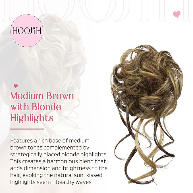 HOOJIH Messy Bun Hair Piece, 2PCS Tousled Updo with Tendrils Bun Extensions Wavy Curly Hair Wrap Ponytail Hairpieces Scrunchies for Women HB010 Dasiy - Medium Brown with Blonde Highlights