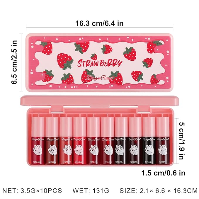 10 Pcs Lip Tint Set Cute Glossy Lip Stains and Matte Lipsticks with Long-lasting and Quick-drying Mini Lip Gloss Lipstick for Makeup Gift (Strawberry, Lip Gloss)