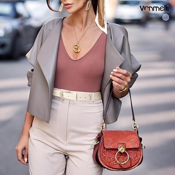 VONMELLI Women Leather Belt for Pants Jeans Dresses Ladies Belts with Fashion Gold Silver Buckle
