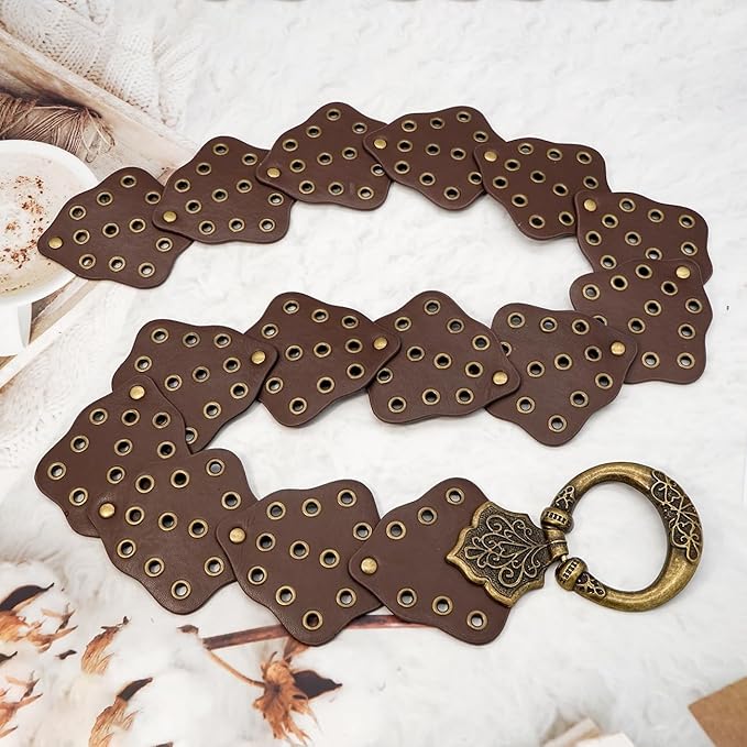 Wide Disc Belt for Women Vintage Hollow Boho Leather Belt Western Chunky Waist Belt Cowboy Metal Buckle Concho Belts
