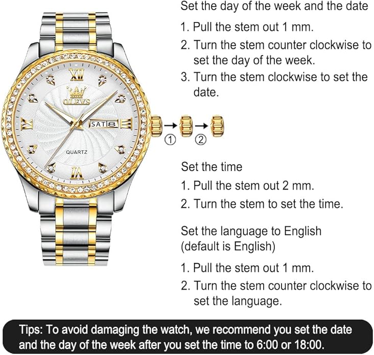 Men's Casual Stainless Steel Watch, Big Face Easy to Read Analog Quartz Watch with Day and Date, Classic Waterproof Diamond Roman Arabic Numerals Dial Dress Watch for Men, Gold Silver Black Band