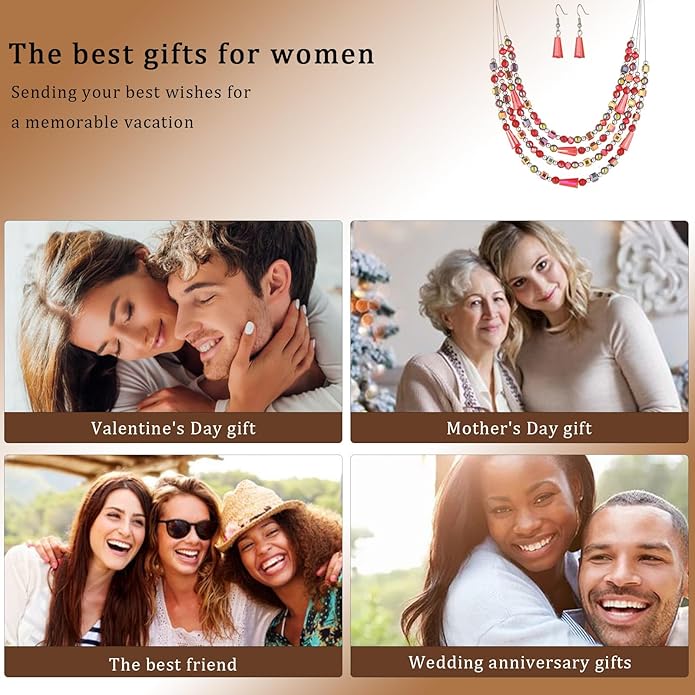 Layered Beaded Statement Necklace Multi Strand Crystal Beads Collar Necklace and Earring Sets for Women Fashion Costume Jewelry Set Gifts for Her