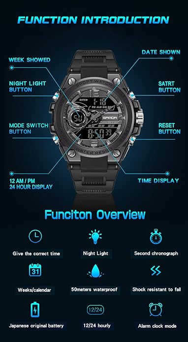 KXAITO Men's Watches Sports Outdoor Waterproof Military Watch Date Multi Function Tactics LED Alarm Stopwatch