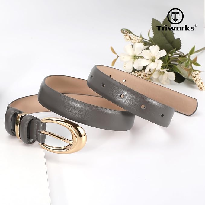 TRIWORKS Women Leather Belt for Jeans Pants Fashion Ladies Skinny Faux Leather Dress belt with Gold Buckle