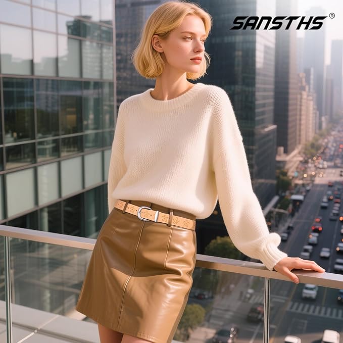 SANSTHS Womens Belt for Jeans Pants Dresses with Alloy Buckle, Floral Print Belt for Women with Unique Print Design