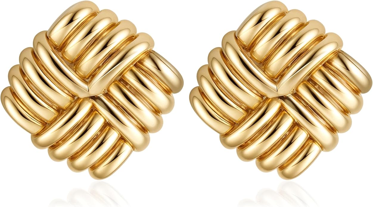 ORAZIO Chunky Gold Plated Knot Earrings for Womens Trendy 925 Silver Statement Lightweight Dangle Drop Hypoallergenic Large Geometric Stud Earring Jewelry for Women
