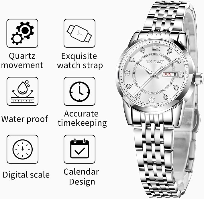 Womens Watch Fashion Dress Waterproof Silver Watches for Women Casual Easy Read Quartz Analog Women's Watch Two Tone Stainless Steel Ladies Watches with Day Date
