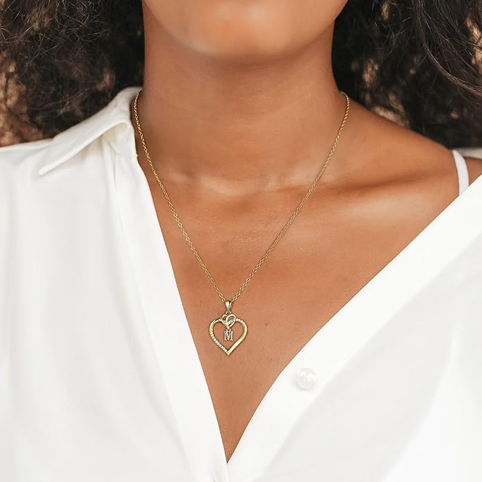 STORUP Gifts for Women Teen Girls - Heart Initial Necklaces for Women Girls, 14K-Gold-Plated Cubic Zirconia Initial A-Z Pendant Dainty Heart Necklaces for Teen Girl Jewelry Birthday Gifts