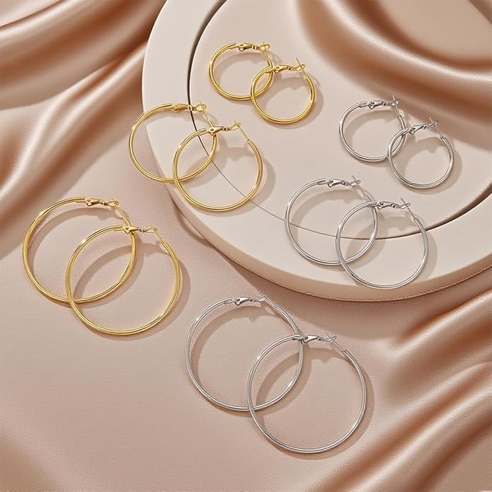 4/5/6 Pairs Stainless Steel 30/40/50/60/70 mm Silver 14K Gold Hoop Earrings for Women Hypoallergenic Big Thin Lightweight Dangle Set