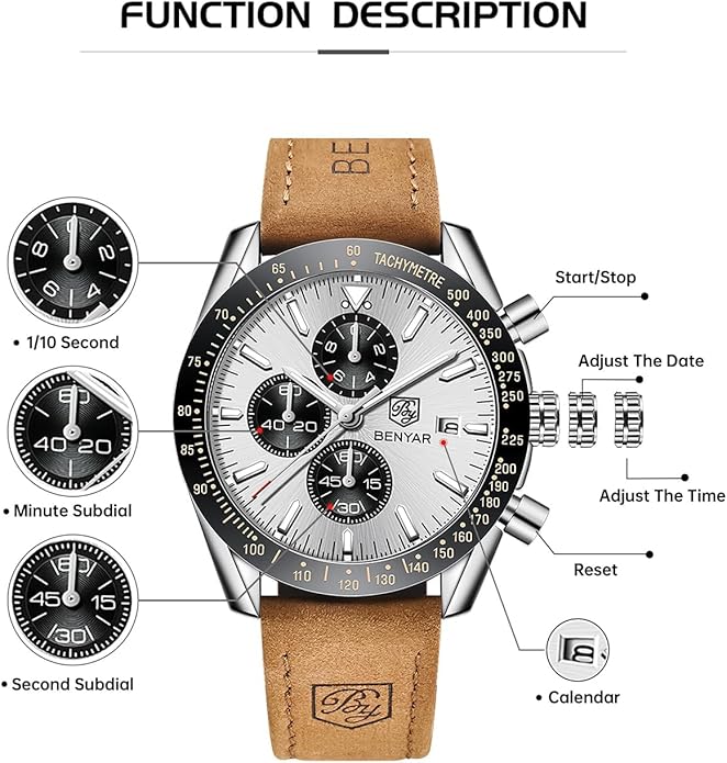 BY BENYAR Watch for Men Analog Quartz Chronograph Waterproof Luminous Designer Mens Wrist Watches Business Work Sport Casual Dress Watch with Silicone Strap Elegant Gifts for Men