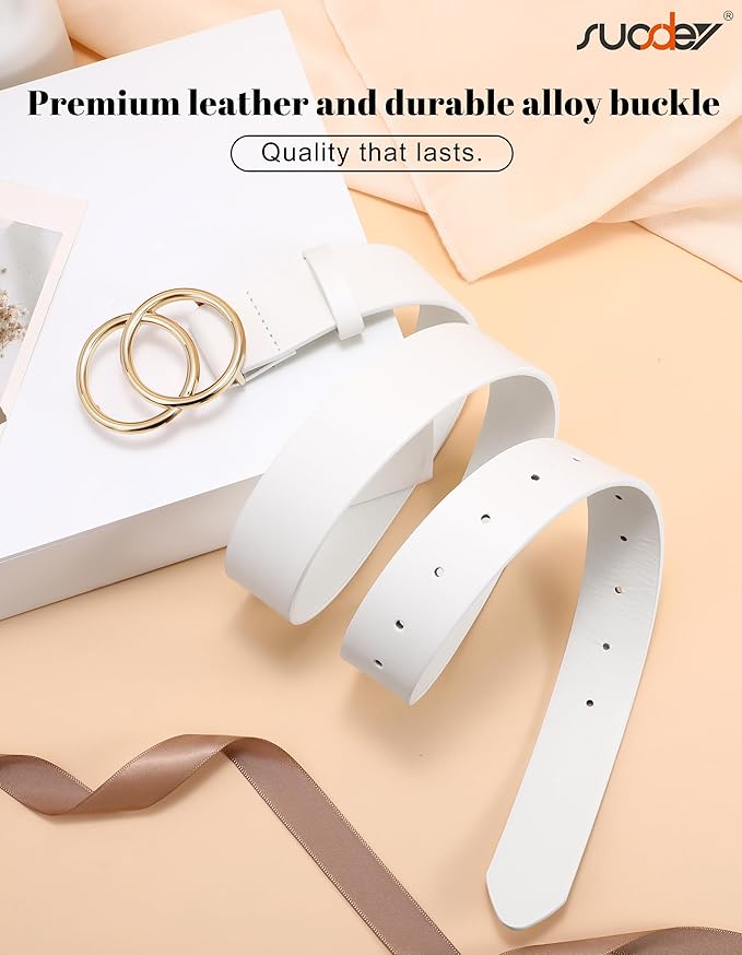 SUOSDEY Women Leather Belt Fashion Double O-Ring Soft Faux Leather Waist Belts For Jeans Dress