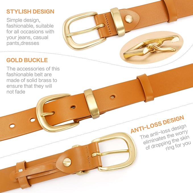 Womens Belts for Jeans 1.1" Width Ladies Belts for Dresses Full Grain Leather Gold Buckle Belt Gift Box