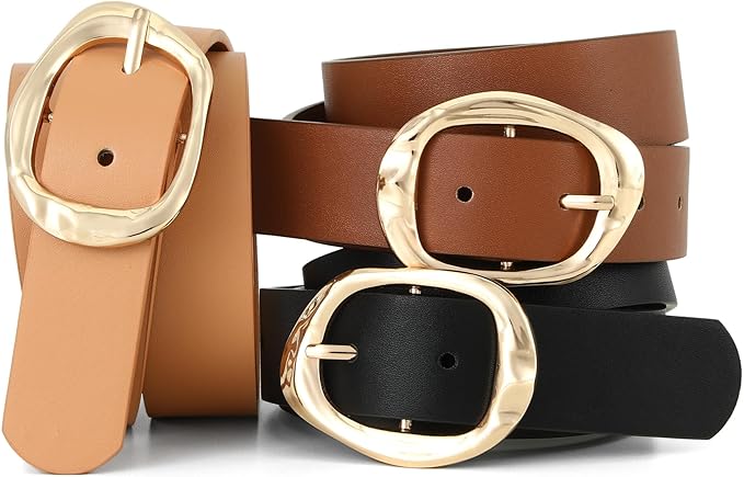 Earnda Leather Belts for Women Casual Fashion Waist Belt with Liquid Shapes Gold Buckle for Jeans Pants Dresses
