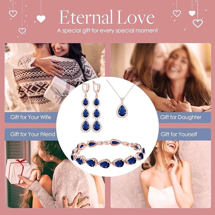 LMXXVJ Necklace Long Earrings Bracelet Set, White Gold Plated Created Blue Sapphire Jewelry Set Wedding Party Gift Jewelry for Women Bridal Bridesmaid
