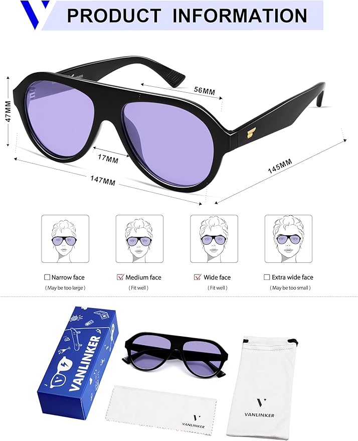 VANLINKER Retro Aviator Polarized Sunglasses for Men Women Trendy 70s Vintage Plastic Frame Sun Glasses VL9750