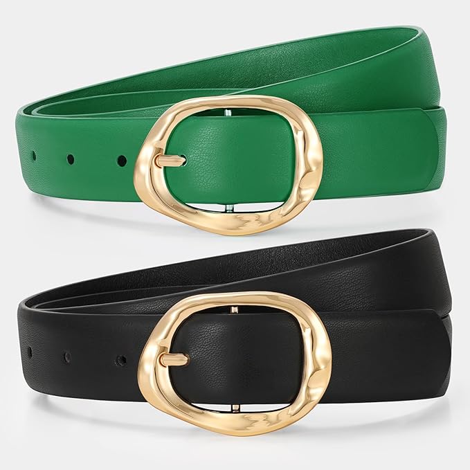TRIWORKS 2 Pack Leather Belts for Women Fashion Waist Belt with Liquid Shapes Women Belt for Jeans Pants Dresses