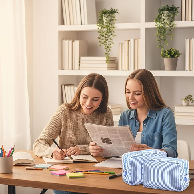Sanwuta 3 Pcs Seersucker Makeup Bags Seersucker Cosmetic Bags Striped Women Large Travel Toiletry Organizer Preppy Storage Pouch for Embroidery Wedding Bridesmaid Gifts(Light Blue)