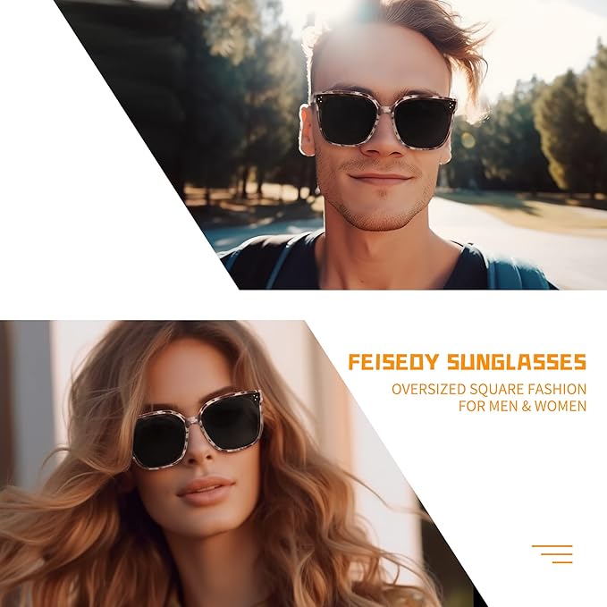 FEISEDY Oversized Polarized Sunglasses - UV400 Protection, Square Fashion Sun Glasses for Outdoor & Daily B2600