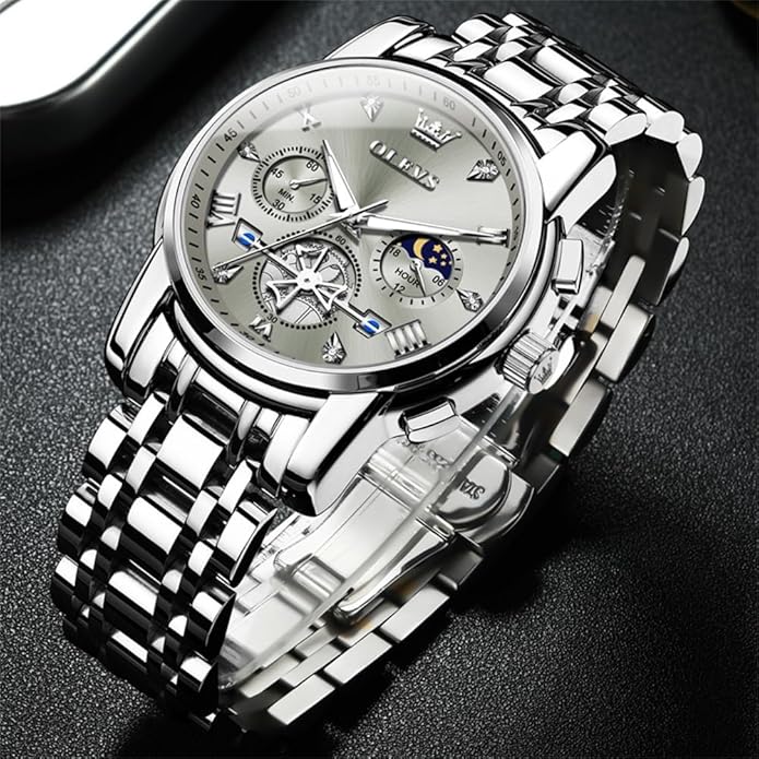 OLEVS Watches Men Waterproof Luxury Big Face Mens Watch Stainless Steel Quartz Analog Dress Watches for Men Luminous Multifunction Man Watch Relojes De Hombre