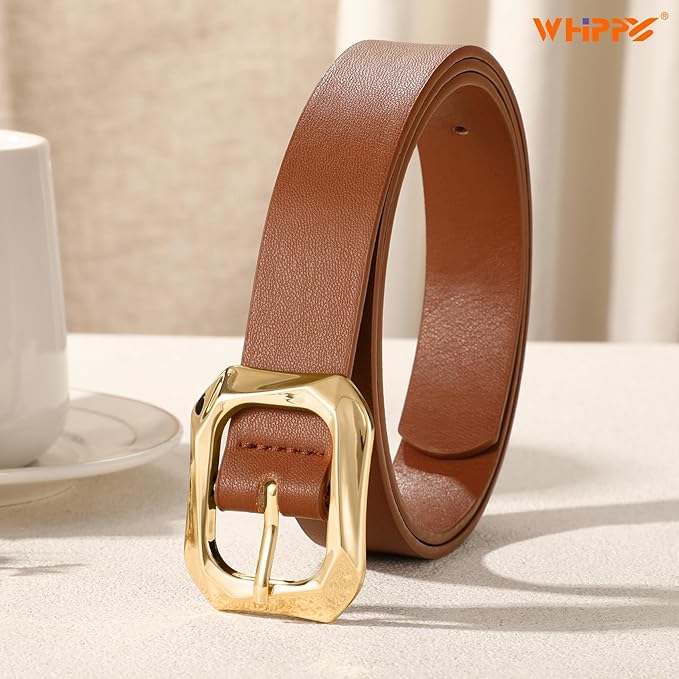 WHIPPY Women's Leather Belts with Gold Buckle Casual Fashion Ladies Waist Belts for Jeans Pants Dresses