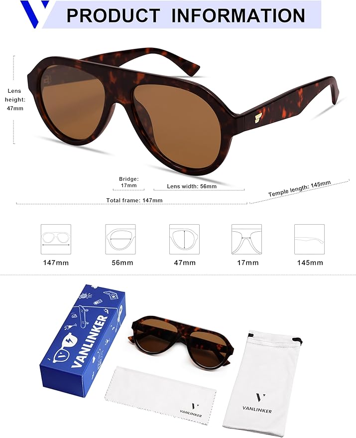 VANLINKER Retro Aviator Polarized Sunglasses for Men Women Trendy 70s Vintage Plastic Frame Sun Glasses VL9750
