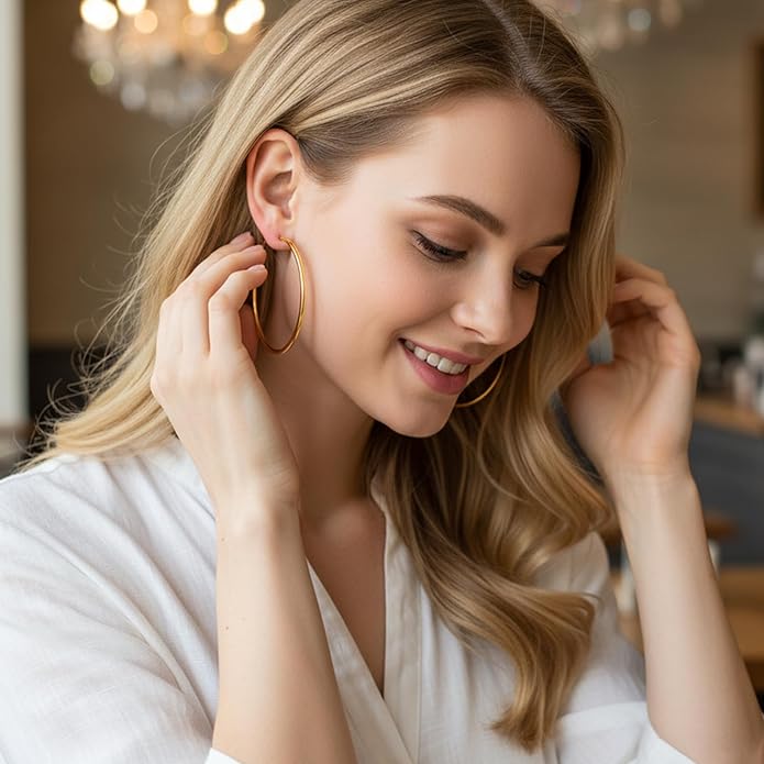 4/5/6 Pairs Stainless Steel 30/40/50/60/70 mm Silver 14K Gold Hoop Earrings for Women Hypoallergenic Big Thin Lightweight Dangle Set