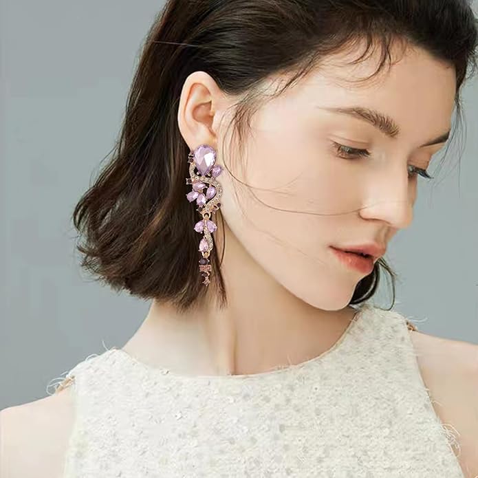 Fashion Rhinestone Statement Drop Dangle Earrings Long Colorful Crystal Bridal Wedding Teardrop Chandelier Earrings for Women Prom Pageant