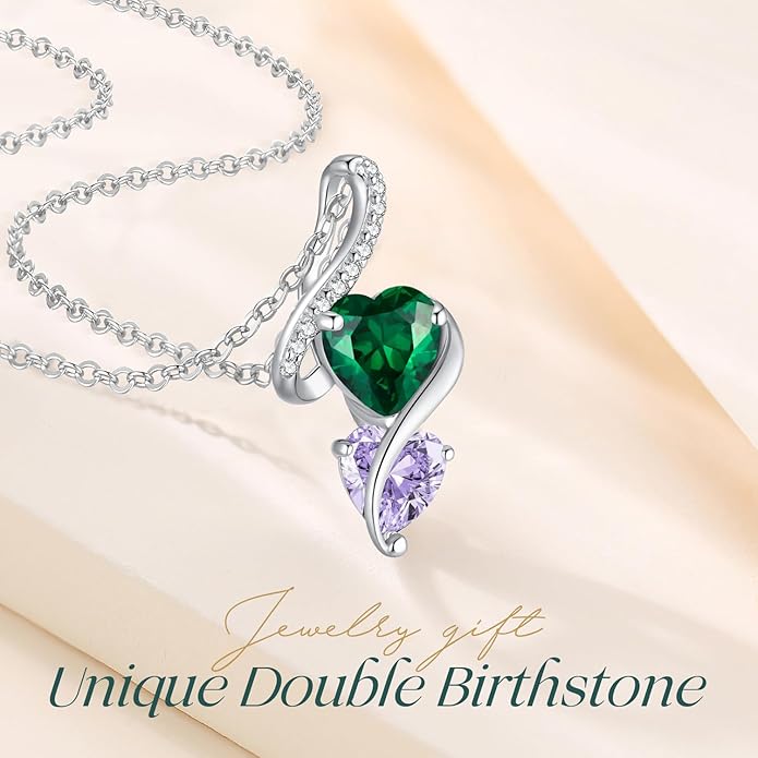 LOUISA SECRET Unique Double Heart Necklace Gifts for Wife Women, 925 Sterling Silver Tiny Birthstone Pendant Jewelry Gift for Her Girlfriend Mom Valentine's Day Anniversary Mother's Day Birthdays & Christmas
