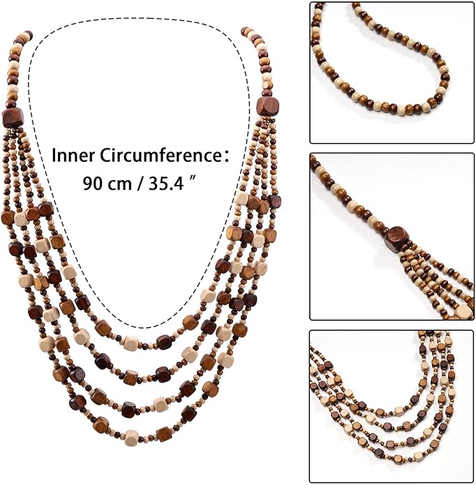MILAKOO Wood Beads Necklace & Earrings for Women Chunky Multi-Layering Choker Necklace Ear Pendant