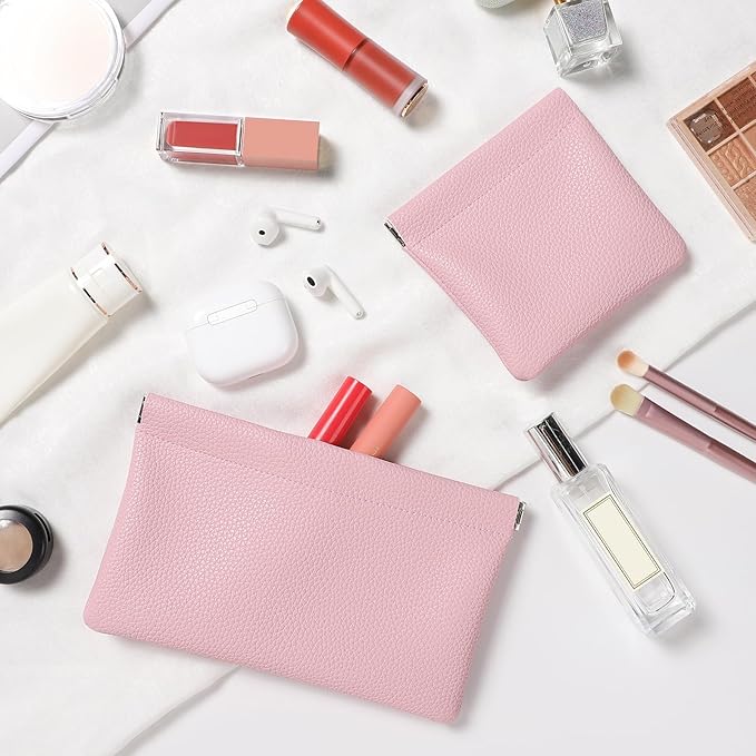 Sightor Leather Pocket Cosmetic Bag for Purse, 2 Pack Small Makeup Bag for Women Coin Purse Lipstick Cosmetic Accessories Organizer Travel Cosmetic Pouch (Pink)
