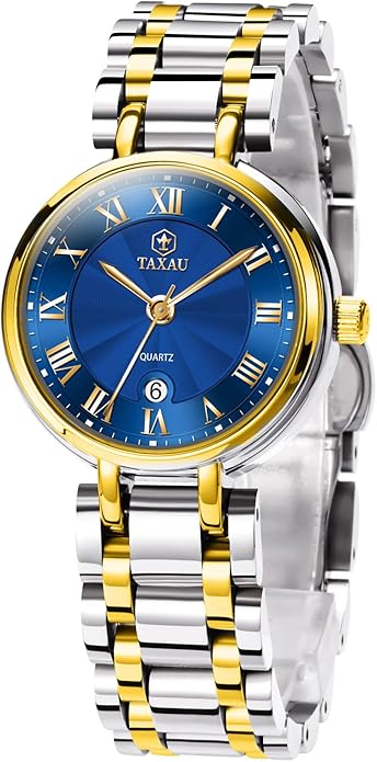 Gold Silver Two Tone Women Stainless Steel Watch Small Wrist ElegantDress Watch for Women Fashion Luxury Waterproof Day Date Analog Quartz Ladies Watches