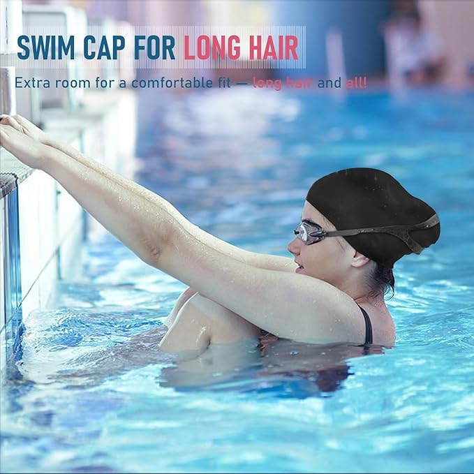 Womens Silicone Swim Cap for Long Hair,3D Ergonomic Design Silicone Swimming Caps for Women Kids Men Adults Boys Girls with Ear Plug and Nose Clip