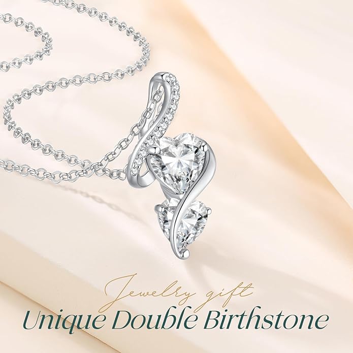 LOUISA SECRET Unique Double Heart Necklace Gifts for Wife Women, 925 Sterling Silver Tiny Birthstone Pendant Jewelry Gift for Her Girlfriend Mom Valentine's Day Anniversary Mother's Day Birthdays & Christmas