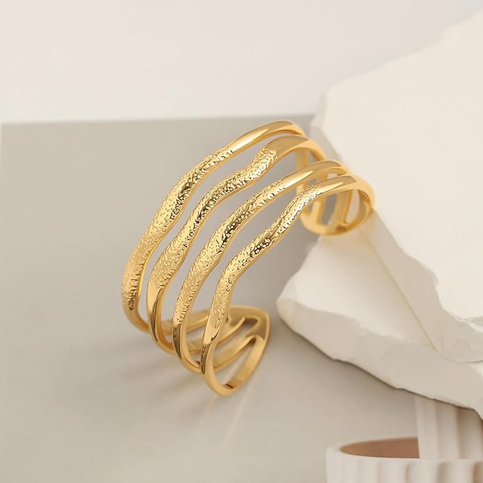 POTESSA 18K Gold Plated Cuff Bracelets Adjustable Dainty Bangle Handemade Jewelry for Women