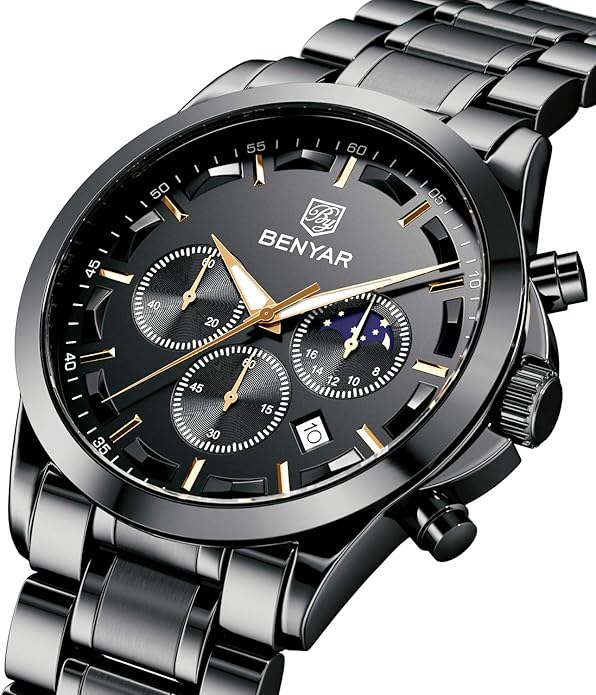 BY BENYAR Mens Watches Analog Quartz Chronograph Waterproof Wrist Watches for Men Fashion Business Work Casual Sport Designer Dress Watch with Calendar Elegant Gifts for Men