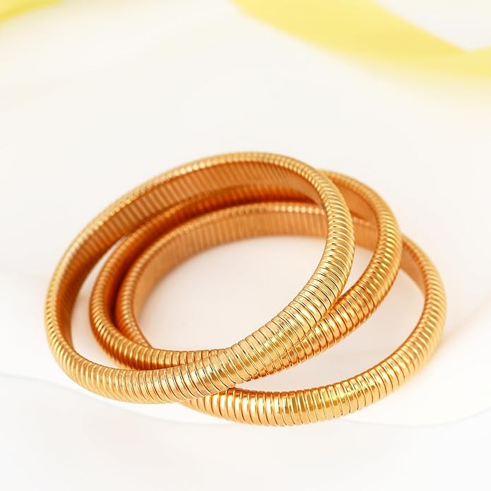 MISS RIGHT Gold Chunky Stretch Snake Chain Bangle Bracelets Stack for Women Trendy, 18K Gold Filled Stainless Steel Stretchy Womens Stackable Wristband Bangles Bracelet Set