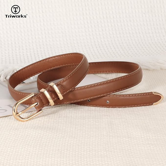 2 Pack Women Skinny Leather Belts for Jeans Pants Thin Faux Leather Belt with Gold Buckle