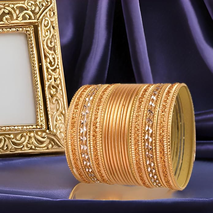 Touchstone Indian Metal Bangles for Women Gold Alloy Bracelets desi 2 Dozen Bangle Collection Bollywood Women's Jewelry Set Multi Stacking Wide Chunky Textured Golden Set of 24 in Gold or White Tone