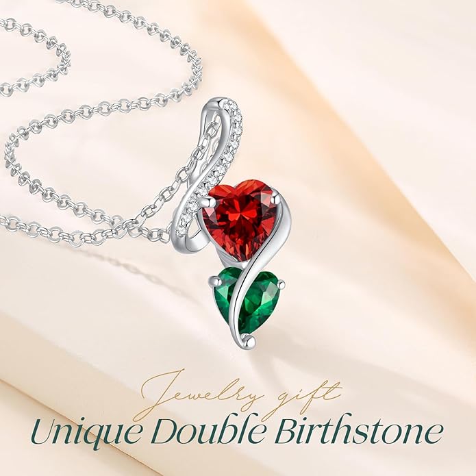 LOUISA SECRET Unique Double Heart Necklace Gifts for Wife Women, 925 Sterling Silver Tiny Birthstone Pendant Jewelry Gift for Her Girlfriend Mom Valentine's Day Anniversary Mother's Day Birthdays & Christmas