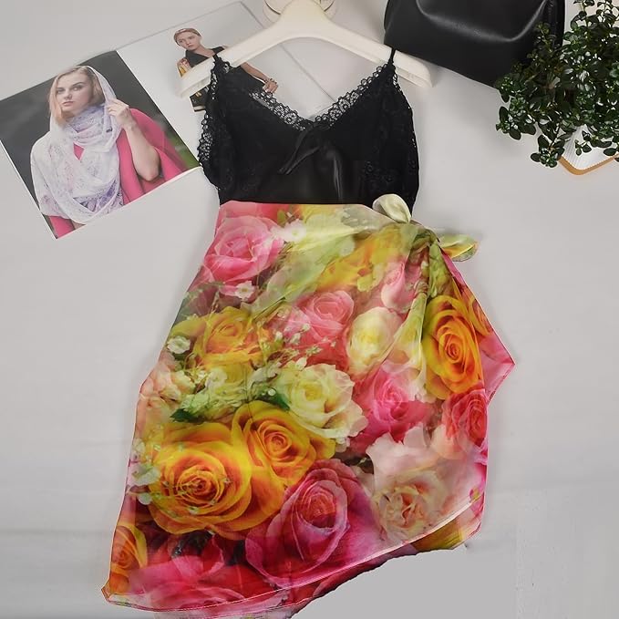 100% Mulberry Silk Women's Neck Silk Scarf-Lightweight Shawl,FLoral Print Beach Silk Wrap-Scarves for Photography