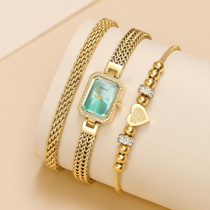 BERNY Silver Watches for Women Ladies Wrist Watch and Bracelet Set Dainty Quartz Bracelet Watch Premium Crystal Accented Fashion Luxury Birthday Present for Women