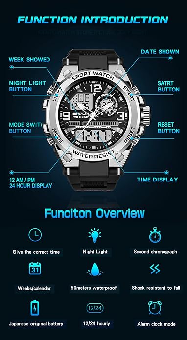 KXAITO Men's Watches Sports Outdoor Waterproof Military Watch Date Multi Function Tactics LED Alarm Stopwatch