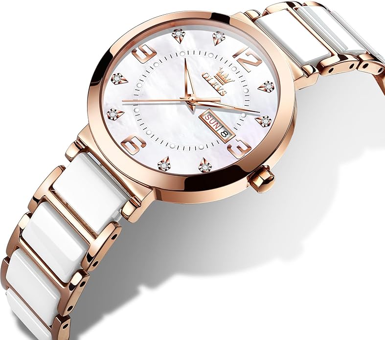 OLEVS Womens Ceramic Watch Luxury Shinning Diamond Rose Gold Watch for Women Analog Quartz Ladies Dress Watches Casual Waterproof Wrist Watches for Woman with Day Date Reloj para Mujer