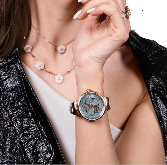 Women Watches Cherry Blossom Women's Watch Mother of Pearl Dial Ladies Watch with Leather Strap Sakura Petal Shape Cherry Blossom Watches for Women Sapphire Crystal Glass for Durability and Clarity